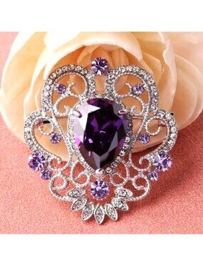 Rhinestone Brooch Elegant Filigree Purple Crystal Pin Sparkle Pear Shape Stone